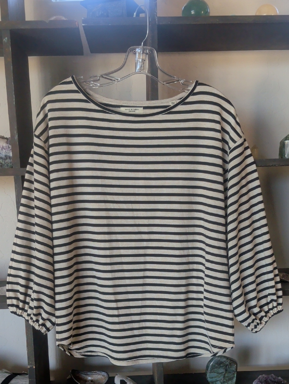 Max Studio London Striped Boatneck Women's Top Balloon Sleeve - Black & Cream